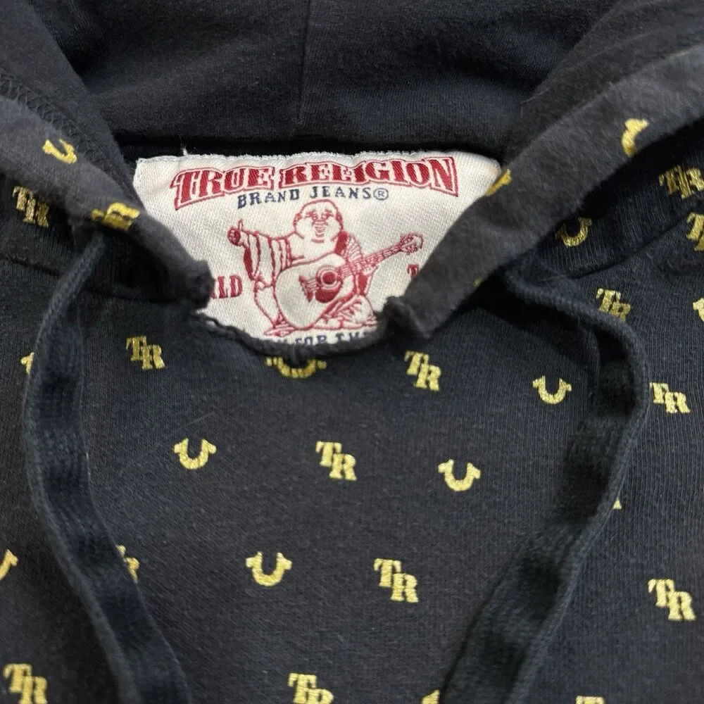 True Religion Monogram Pullover Hoodie Black Gold All Over Horseshoe Logo Mens L